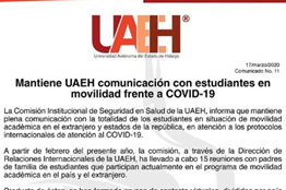 Mantiene UAEH comunicación con estudiantes en movilidad frente a COVID-19