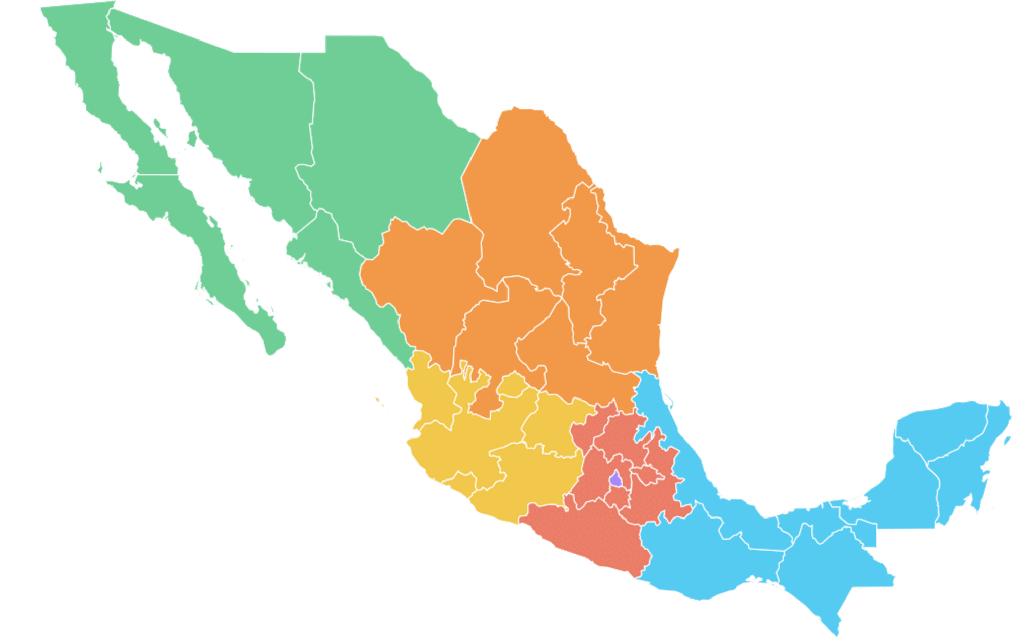 Mapa de México con las 32 entidades agrupadas en los seis consejos regionales de la ANUIES